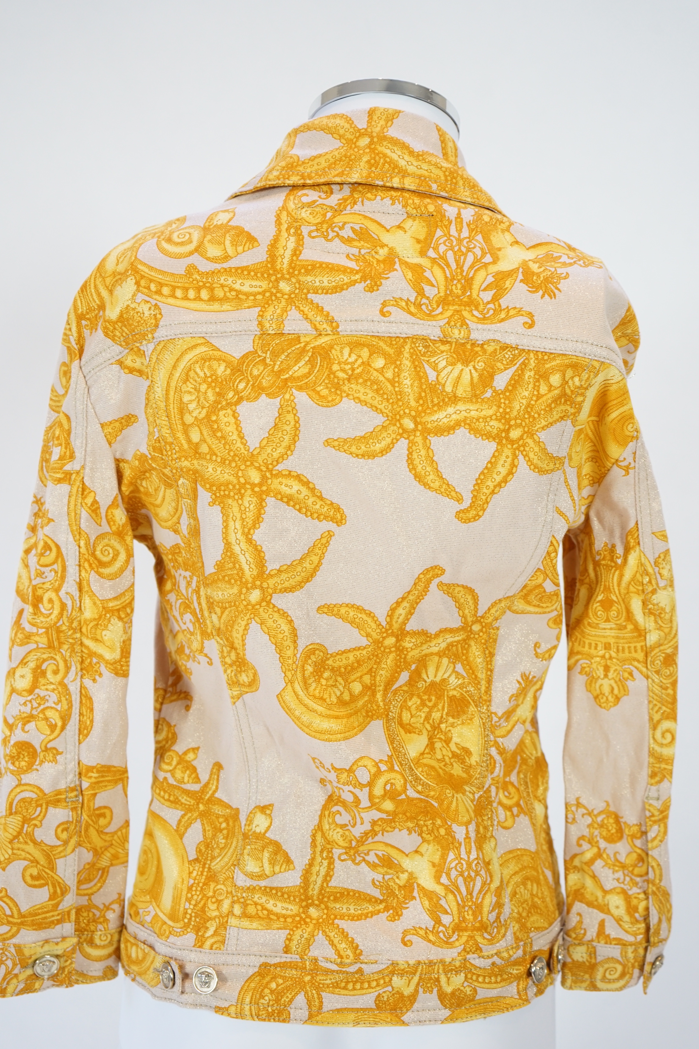 A Versace Collection green long dress and gold and yellow biker style jacket, dress size 52 and jacket size Medium
